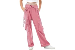 Rolanko Girls Baggy Cargo Trousers, Elastic High Rise Waist with Multi Pockets Wide Leg Cargos Pants for Kids