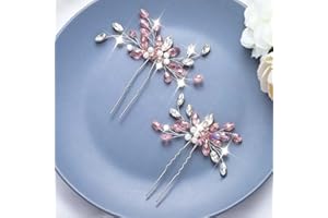 Unicra Accesorio de horquillas para cabello de novia, tocado de cristal plateado con diamantes de imitación rosa, para mujeres y niñas (paquete de 2)