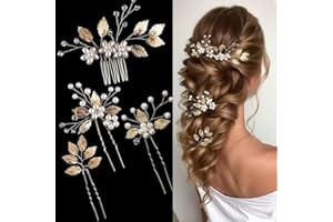 XFSRG 4 Piezas Peine para el Cabello Nupcial Horquillas Pelo Boda de Diamantes de Imitación y Perlas Hojas Tiara Nupcial Accesorios para el Cabello Hair Clips para Mujer Niña (Dorado)