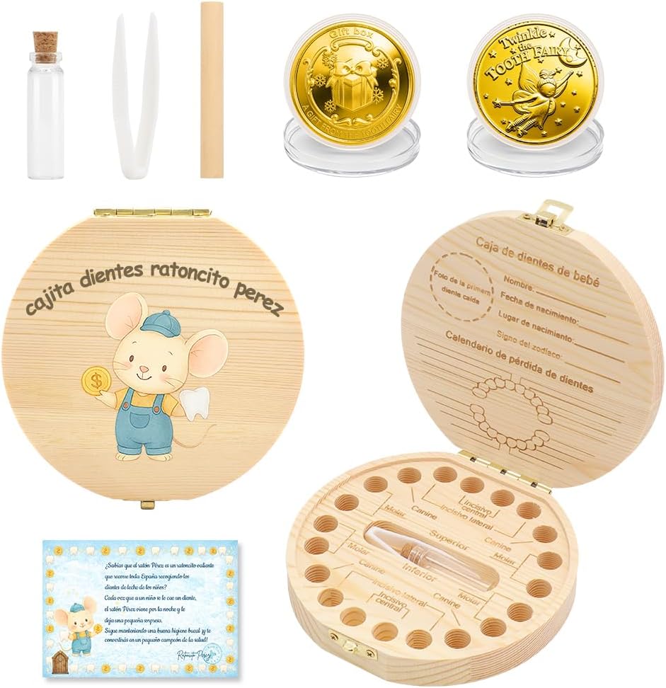 WALLFID Caja Dientes de Leche Ratoncito Pérez para Niño y Niña, Cajita de Madera con Motivo Ratón Colorido, Incluye Tarjeta y Moneda,Acumulación de Dientes