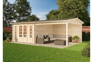 Alpholz Gartenhaus Freiburg-44 aus naturbelassenem Holz 755 x 399 cm mit 44 mm Wandstärke, Terrasse und Doppeltür