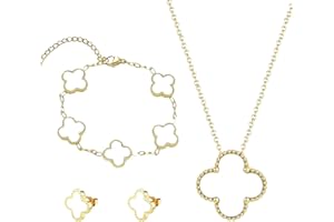 SPHERETRON Vierblättriges Kleeblatt Schmuckset,Vierblättriges Glücksklee Schmuck Set,Verstellbarer Vierblättriges Halskette,Vierblättriges Ohrringe,Armband,Vierblättriges Schmuck Set für Damen (Weiß)