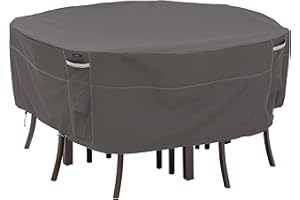 Classic Accessories 55-158-045101-EC Ravenna Round Patio Table and Chair Set Cover Premium Outdoor Furniture Cover with Durable and Water Resistant Fabric, Taupe, Large