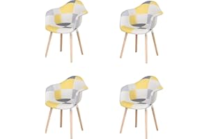 GrandCA HOME 4er-Set Sessel mit Patchwork-Stoffkissen Esszimmerstühle Holzbeine für Küche, Wohnzimmer,Gelb A5