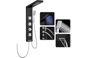 ROVOGO LED Duschpaneel ohne Armatur, 4 Funktionen Duschpaneel mit Regendusche, Massagedüsen, Handbrause und Wanneneinlauf, Schmal Duschsäule Edelstahl, Schwarz