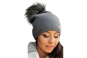 Solvera_Ltd Damen Mütze Winter, Herbst Beanie mit großem Kunstfellbommel, Bommelmütze Frauen Beany Strickmütze Elegante Wintermütze mit Bommel Grau Dunkelgrau Beige Blau Rosa