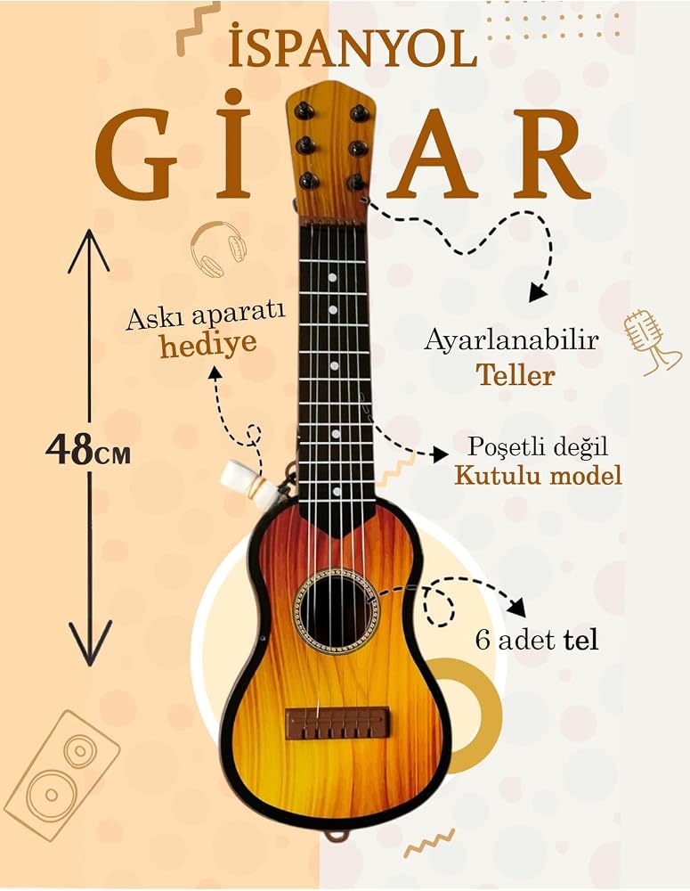 Bambapaw 48 Cm Oyuncak İspanyol Gitar - Akort Edilebilir 6 Telli İspanyol Çocuk Gitarı Askı Aparatı Hediye Kahverengi