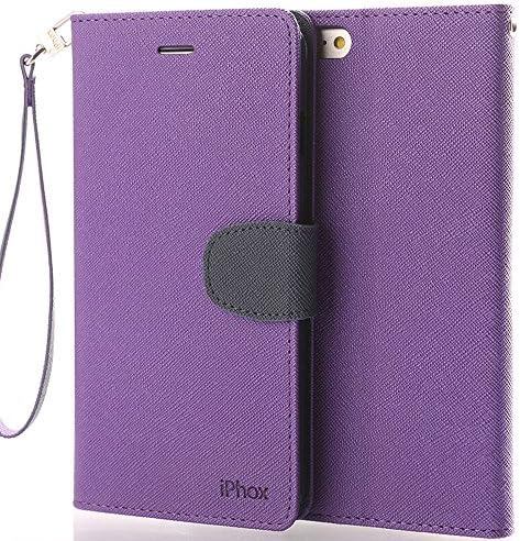 iPhone 8 Leather Case, iPhone 7 Flip Case, IPHOX Premium Folio Leather Wallet Case with [Wireless Charging] [Card Slots] [Hand Strap] [Magnetic Closure] [Kickstand] Flip Notebook Cover Case for iPhone 8/7(4.7'') - Purple / CP