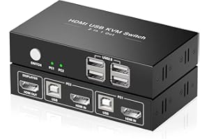 Rybozen 4K HDMI KVM Switch, KVM Switches 2 PC 1 Monitor Switcher, Ultra HD, 2 Port Displayport Switch with 4 USB Hubs Support Wireless Keyboard and Mouse, with USB Cables*2, HDMI Cables*2