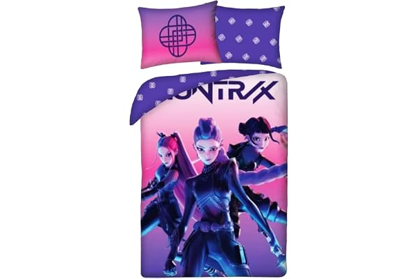 Halantex K-Pop Demon Hunters Battle påslakanset, enkel, rosa, 100 % bomull | Täcke 140 cm x 200 cm, kudde i europeisk storlek 70 cm x 90 cm barn- och tonårssovrum, vändbar design