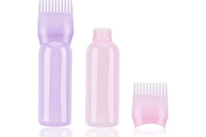 KERUTO 2pcs Hair Oil Applicator Bottle, 60ml, Hair Dye Brush Bottle, Root Comb Applicator Bottle, Pink+Purple, Suitable for Salon Dry Cleaning, Dyeing, and Perming, Plastic