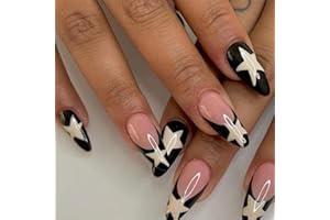 AGASAR 24pcs Short Almond False Nails French Black Tip Stick on Nails Star Pattern Press on Nails Removable Glue-on Nails Fake Nails Women Girls Nail Art Accessories