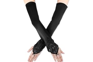 LARREL Long Fingerless Satin Gloves, Opera Party Gloves for Women, Elbow Length Silk Glove, 1920s Long Glove, Gatsby Style Costume Accessories for Dances, Banquet, Opera, Wedding, Party and Cosplay (Black)