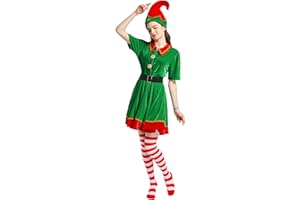 JESOHO Holiday Elf Hat, Women's Green Dress, Red Striped Stockings, Rubber Band Belt. 4-Piece Set (Sizes: S, M, L, XL)