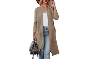Uusollecy Kardigan damski z długim rękawem, drapowany, otwarty przód, długi kardigan z kieszeniami