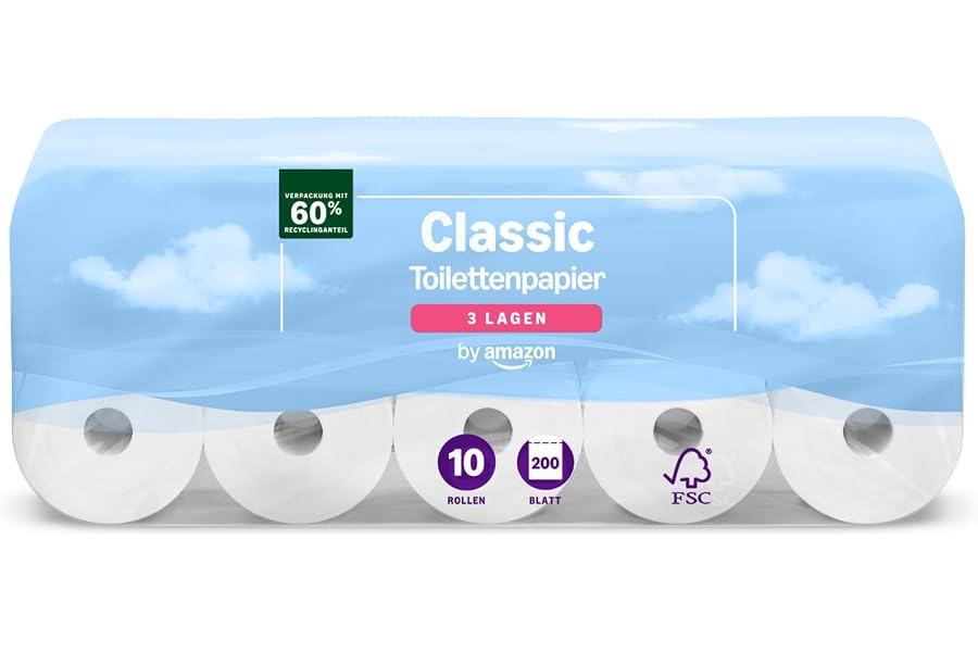 Produktabbildung zu by Amazon Classic Toilettenpapier, 3-lagig, 10 Rollen (10 Rollen, 1er-Pack), 200 Blatt pro Rolle, FSC-zertifiziert