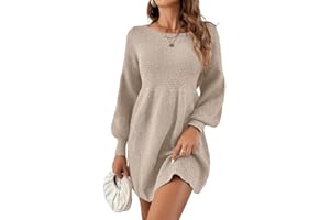 Saodimallsu Damen Rundhals Strickkleid Puffärmel Hoch Tailliert Pulloverkleid Elegant Strickpullover Kleid A-Linie Minikleid