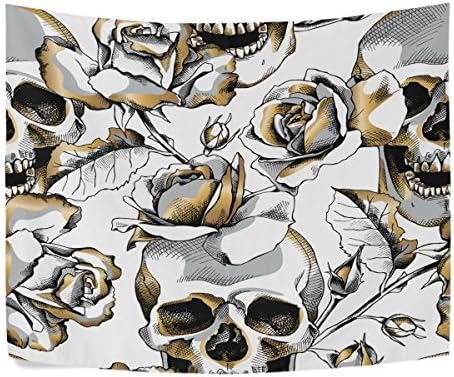 Gold Skull and Rose Flowers on a White Halloween Polyester House Decor Wall Hangings Tapestry Wall Carpet 60x40 Inch Apartment Decor