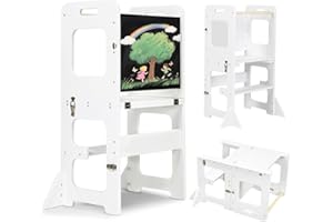 labebe Torre montessoriana per bambini, Pieghevole Torre di Apprendimento, 3-in-1 scala montessoriana Con tavolo da disegno, Legno Learning Tower di età superiore18 mesi bambini（Bianco)
