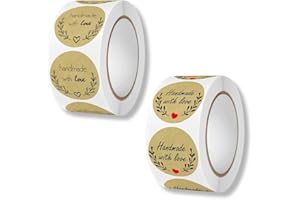 WUSJCOF 1000 pezzi Etichette adesive in carta kraft autoadesiva, Handmade with Love, Kraft Realizzato Amore, Fatto a Mano Personalizzate, Sticker Personalizzati per Impreziosire Lavori Fatti a Mano