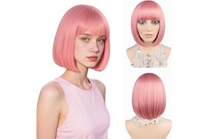 ‎JIAMEISI Rosa Kurze Bob-Perücke 30cm Glatte Bob-Perücke mit Pony Hitzebeständige Synthetische Faser Farbenfrohe Bob-Perücke für Frauen und Mädchen Party Cosplay Halloween Tägliche Nutzung (Hellrosa)