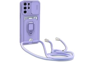 yanasuo Schiebe Kameraschutz Silikon Handykette Hülle kompatibel mit Samsung Galaxy S24 Ultra, Metall Ring Halter Handy Cover,Verstellbarer Halskette Handyhülle-Lila
