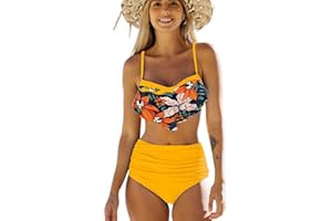 JFAN Costume da Bagno Donna Due Pezzi Bikini A Vita Alta Bottom Increspato Stampa Floreale Halter Ruffle Coordinati