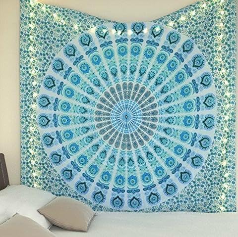 MANDALA WORLD ARTS Bohemian BLUE WHITE WALLHANGING BEDSPREAD Elephant Life of Tree Cotton Single Double size medallion (DOUBLE WALLHANGING/BEDSPREAD)