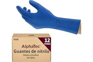 Ansell AlphaTec 87-245 Guantes Latex Impermeables, Guantes Trabajo Multiuso, Limpieza, Cocina, Químicos, Mecanico, Seguridad Hogar, Guantes Hombre Mujer, Reutilizable, Azul, Talla L (12 Pares)