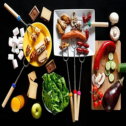 8 x Grillspieße BBQ Spieße Ausziehbar Edelstahl mit Holzgriff Teleskop Grillspieß 31cm-82cm für Bratwurst Würstchen Hot Dog und Marshmallows Lagerfeuer Barbecue Holz Griff Metall Edelstahl Spieße (Farbe) - 2