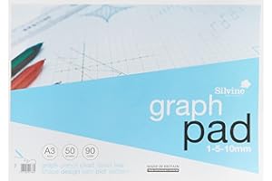 Silvine A3 Graph Pad. 50 Sheets of Quality 90gsm Paper, Printed 1-5-10mm Graph. Ref A3GP,Blue