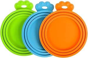 PetBonus Couvercles en Silicone Sans BPA pour Boîtes de Nourriture pour Animaux, Lot de 3 Pièces Universel, 1 Couvercle Idéalement pour 3 Tailles Standard de Conserves (bleu,vert,orange)