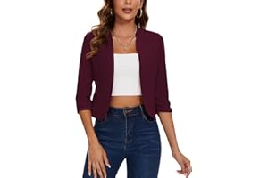 LADI TREND Womens Cropped Blazer Collarless Suits & Blazers Open Front Jackets 3/4 Ruched Sleeve Outerwear Half Linen Cardigan