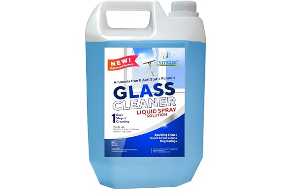 VITSZEE Glass Cleaner Liquid 5 Litres Streak-Free Shine for Windows, Mirrors, Car Glass & Household Surfaces Quick Dry Formula Removes Dust, Fingerprints & Smudges Refill Pack