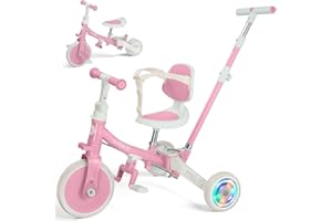 VITONIS Tricycle 5 en 1 pour Enfants de 18 Mois à 5 Ans, avec Roues Clignotantes, Tricycle avec Barre de poussée, Dossier et Ceinture de sécurité, Cadeau, vélo sans pédales, Rose