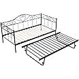 Panana Single Day Bed Metal Guest Bed Frame Sofa Bed with Pull Out Guest Trundle Bed (Black, Daybed+Trundle)