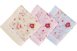 HOULIFE Ladies 100% 60S Cotton Handkerchiefs Womens Soft Vintage Red Rose Floral Print Hankies for Wedding Party 3/6 Pieces 18x18/45x45cm