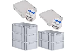 PROREGAL SuperSparSet 5 x Eurobox NextGen Economy with Hinged Lid and Blue Clasps, Closed Handles, H x W x D 22 x 40 x 60 cm, 44 Litres, Euro Container Transport Box Transport Container
