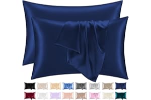 LAZZARO HOME FEEL THE DIFFERENCE Lazzaro Satin Silk Pillowcases for Hair and Skin - Hypoallergenic Pillow Cases 2 Pack with Envelope Closure - Ultrasoft Standard Size Navy Silk Pillowcases (50 x 75 cm)