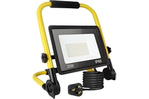 PSATFITO G 30W LED Work Light, 3240LM Super Bright Job Site Light, Portable Floodlight 6000K Daylight White, IP66 Waterproof, Construction Lights with 3.5m Wire UK Plug for Workshop, Garage, Garden
