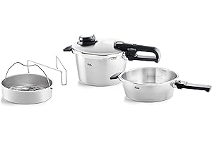 Fissler, Set da 4 pezzi con pentola a pressione Vitavit Premium 4.5 L, diametro 22 cm, con padella a cottura rapida 2.5 l , diametro 22 cm, con coperchio in metallo, per cottura a induzione