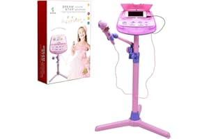 Kids Karaoke Microphone Musical Toys - Wishtime ZM16038 Kids Pink Karaoke Adjustable Stand With External Music Function & Flashing Lights Toy for Kids Children Girls