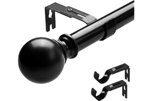 VIOREMOS Black Curtain Rod, Curtain Pole 66-300cm for Eyelet Curtains, 25mm Telescopic Rob with Round Finials for Living Room, Dining Room, Bedroom, Bathroom