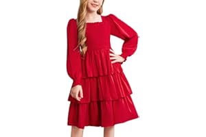 Arshiner Robes Filles Manches Lanterne élégante Robe smockée à Manches Longues Robe de soirée Mariage Festif Robe trapèze décontractée Enfants Encolure carrée 6-13 Ans