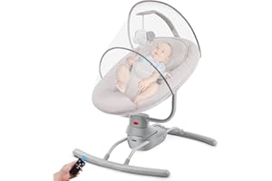 DJEDJEO Transat Bebe Electrique, Balancelle Bebe Electrique 0 à 9 kg, Harnais 3 Points et 3 Vitesses, pliable, Piles et Secteur, avec 8 Berceuse et télécommande, Avec Moustiquaire Balancelle Bébé