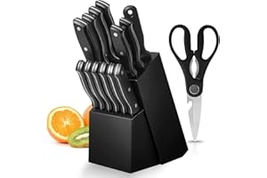 bestyks 15 Pièces set Couteau Cuisine Professionnels en Acier Inoxydable, Couteaux De Cuisine,Set De Couteaux De Cuisine,avec Bloc Couteaux en Bois, Compris Couteaux à Steak, Couteau de Chef