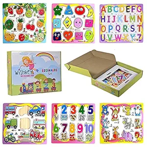 WISHKEY Wooden Educational And Learning Puzzle Tray Game Board Set of 6 and Wooden Blocks Tumbling Stacking Color Game of 54 pcs 1 Dice for Preschool Toddler Kids 3 Years & Above (Pack of 61,Multicolor)