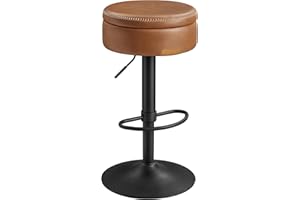 ‎VASAGLE VASAGLE EKHO Kolekcja - obrotowy stołek barowy 360°, krzesło barowe z regulacją wysokości, ze schowkiem, sztuczna skóra, przeszycia, kuchnia, domowy bar, łatwy montaż, karmelowy brąz LJB099K01