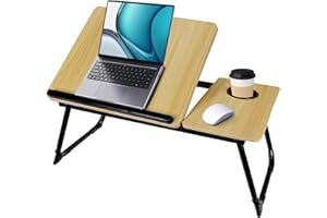 MULIN Plateau de Lit Pliable 55.5x32x25cm - Table de Lit avec Support Ordinateur Portable, Support Livre et Porte-Gobelet, 5 Positions Inclinaison jusqu'à 20kg (Blanc)