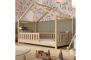 Crazy Pine Letto Casetta 200x90 cm – Legno Naturale con Barriera – Letto Montessori a Pavimento con Piedini Regolabili in Altezza e Barriera Rimovibile - Crazy House
